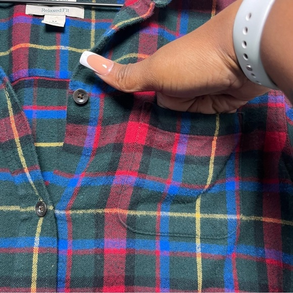 LL Bean Women's Scotch‎ Plaid Flannel Shirt Medium Green Red Relaxed Cabincore - Picture 3 of 9